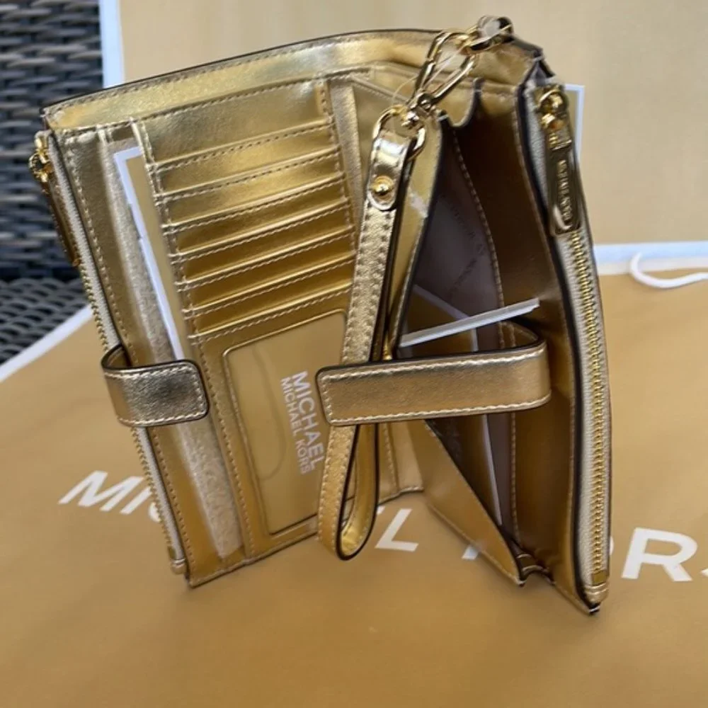 Michael Kors Jet Set Travel Large Double Zip Wristlet Wallet Pale Gold